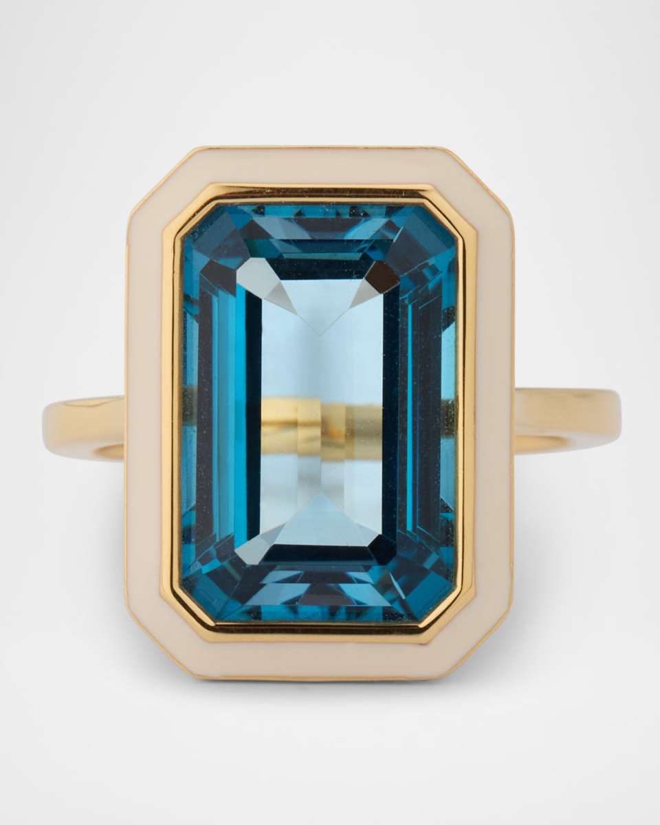 Queen 18K Yellow Gold London Blue Topaz Ring with White Enamel